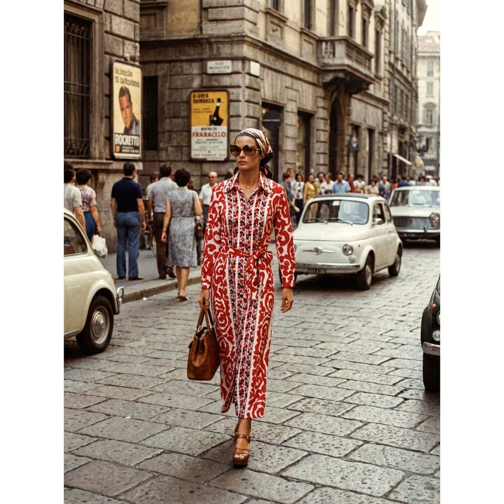 Vintage 60s Lanvin Paris New York Shirt Dress 16 Red Geometric Tie Waist MOD - Picture 15 of 16